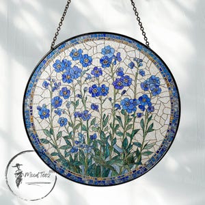 Forget-Me-Not Stained Glass Suncatcher, Window Hanging Decor, Handmade Floral Sun Catcher, Nature Inspired Art, Botanical Glass Ornament