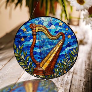 Stained Glass Harp Blue Sky Suncatcher Spiritual Window Decor Gift for Music Lover or Artistic Friend