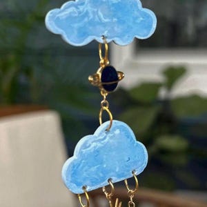 Celestial Cloud Sun Catcher | Moon & Star Hanging Decor | Dreamy Pastel Blue Crystal Mobile | Window Sun Catcher Gift