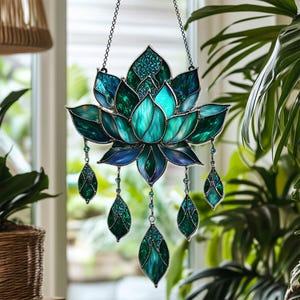 Green Lotus Faux Stained Glass Suncatcher – Acrylic Window Hanging with Dangling Teardrops, Meditation Room Decor or Mindful Gift