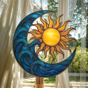 Celestial Sun and Moon Acrylic Suncatche, Faux Stained Glass Window Hanging Decor, Spiritual Gift for Home