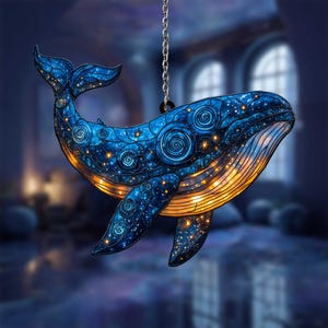 Galaxy Whale Acrylic Glass Suncatcher – Night Sky Ocean Animal Decor, Blue Celestial Window Hanging for Dreamy Home Ambience