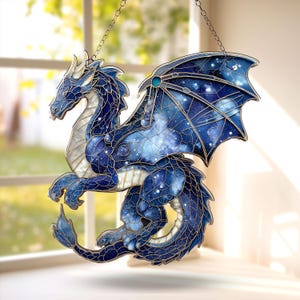Galaxy Dragon Acrylic Suncatcher – Blue Fantasy Window Hanging Decor - Blue Dragon Window Hanging