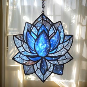 Blue Galaxy Lotus Acrylic Suncatcher - Faux Stained Glass Window Hanging - Spiritual Celestial Decor Gift For Her Or Meditation Space