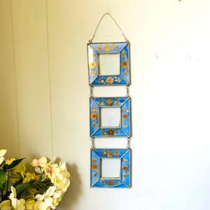 Stained Glass Sun Catcher Beveled Glass Dried Flowers 17 x 4  Beautiful Sky Blue Wall Decor
