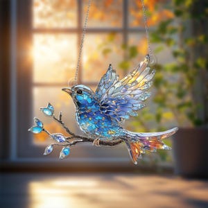 Blue Bird Acrylic Suncatcher, Faux Acrylic Bird Window Hanging Decor, Iridescent Bird Ornament, Sun Catcher Gift for Nature and Bird Lovers.