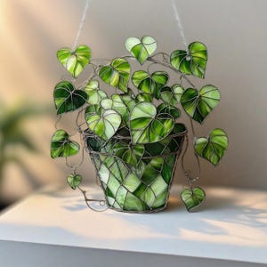 Green Plant Light Catcher, Glass Inspired Acrylic Window Suncatcher, Handmade Plant Themed Decor for Garden, Patio, Gift for Plant Lovers