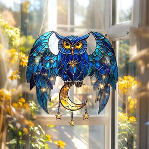 Celestial Owl Acrylic Window Hanging – Blue Owl Faux Stained Glass Suncatcher With Crescent Moon Stars Gift For Night Sky Lovers
