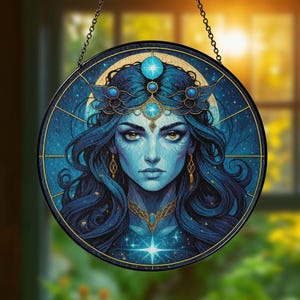 Goddess Hecate Stained Glass Suncatcher, Mystical Goddess Stained Glass Suncatcher, Celestial Blue Woman Art, Moon and Stars Window Hanging