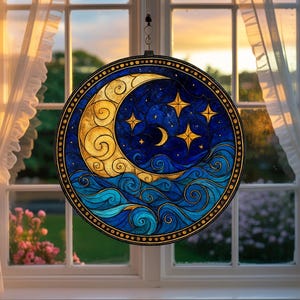 Moon And Stars Acrylic Suncatcher, Crescent Moon Window Hanging, Night Sky Window Art, Starry Night Ornament, Blue Ocean Wave Decor