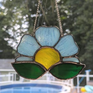 Stained Glass Sky Blue Daisy Flower Suncatcher Handmade