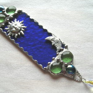 Stained Glass Sun and Moon Suncatcher, Blue Stained Glass With Aurora Borealis Crystal, Glass Art, Handcrafted, Made in USA